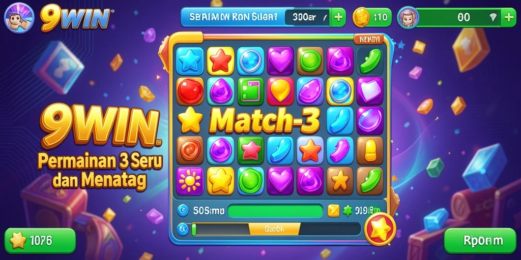 Tampilan gameplay seru dalam 9WIN, penuh warna dan tantangan Match-3.