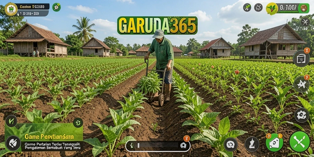 Screenshot utama GARUDA365 menampilkan kebun subur dan tanaman beraneka ragam.